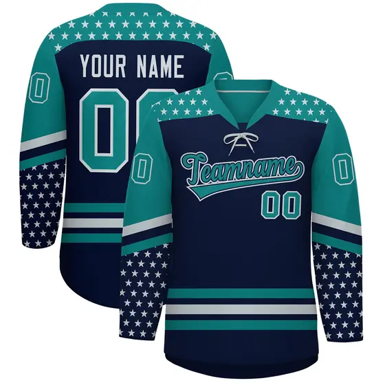 Navy Teal Silver Star Series Lace-Up Neck Hockey Jersey