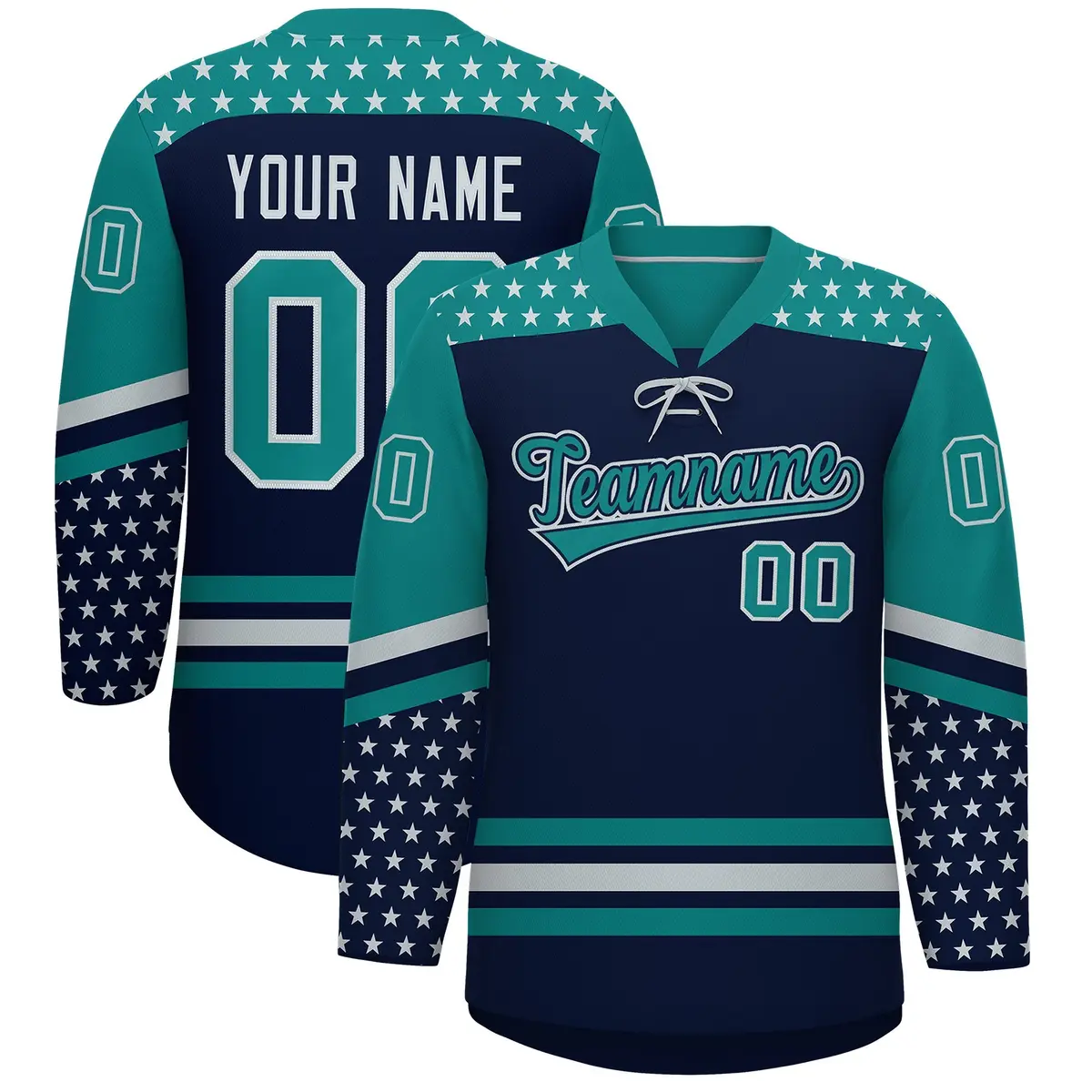 Navy Teal Silver Star Series Lace-Up Neck Hockey Jersey