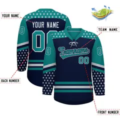 Navy Teal Silver Star Series Lace-Up Neck Hockey Jersey 2