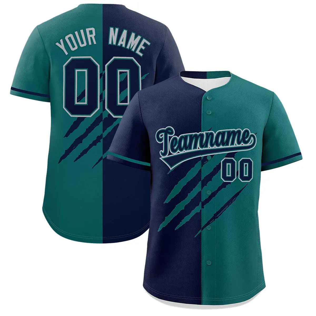 Navy Teal Tiger Claw Scratch Split Baseball Jersey