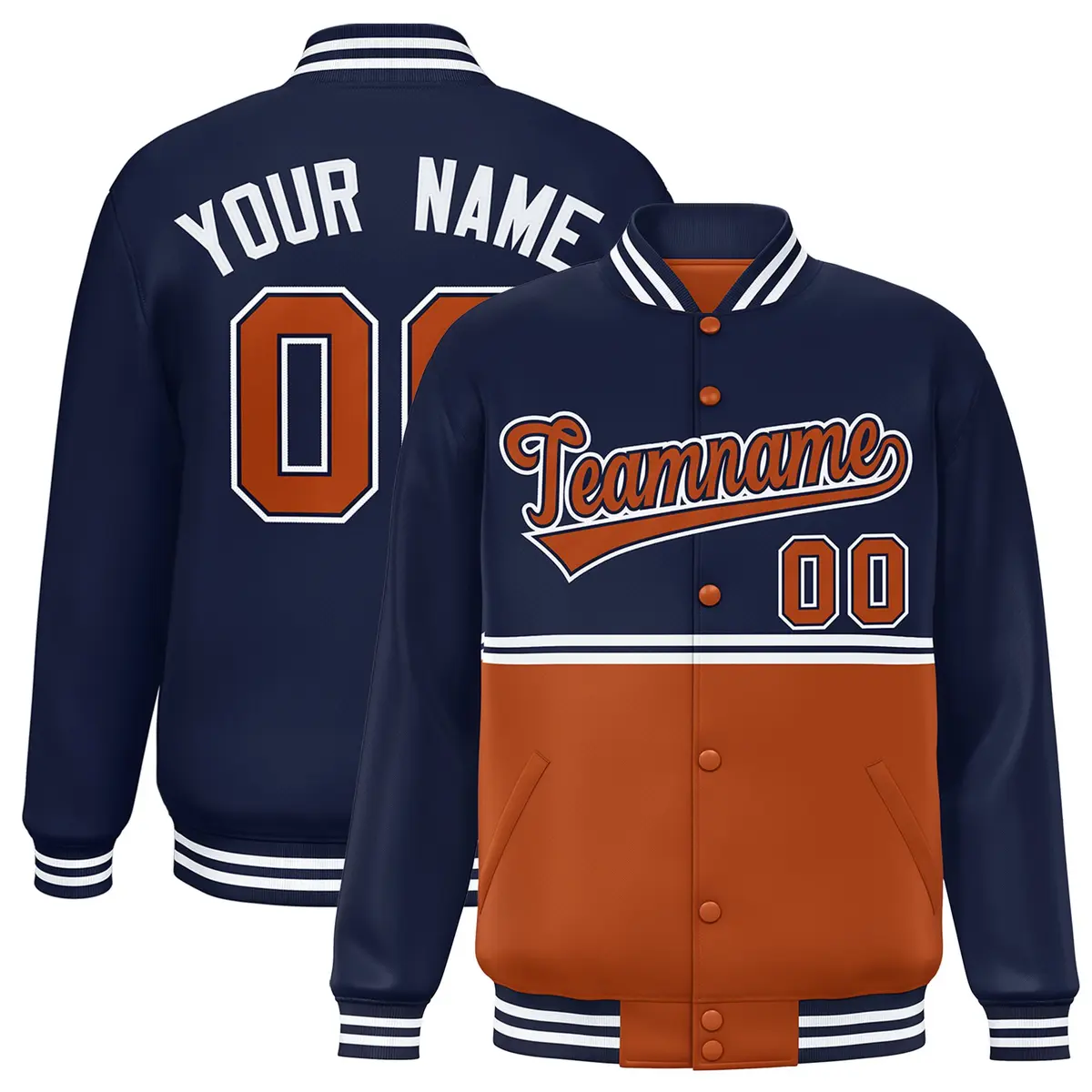 Navy Texas Orange Color Block Varsity Full-Snap Letterman Jacket