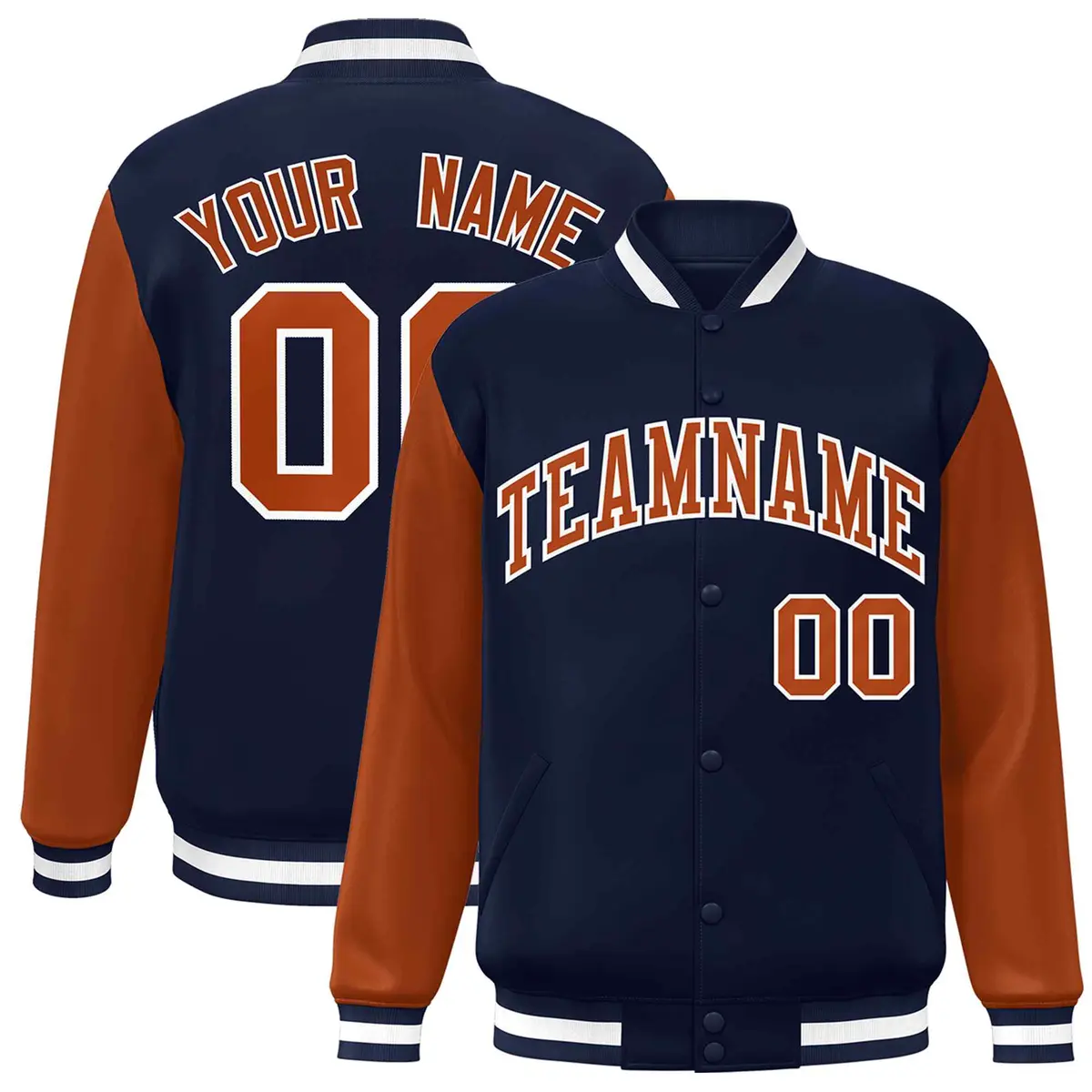 Navy Texas Orange-White Raglan Varsity Full-Snap Letterman Jacket