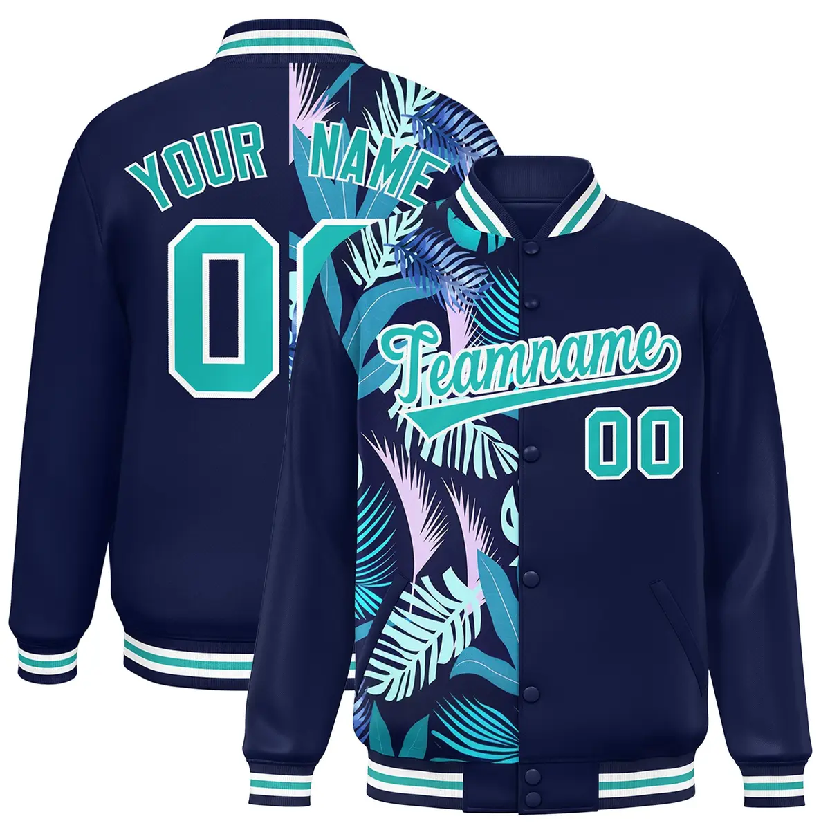 Navy Two Tone Split Flower Pattern Varsity Letterman Jacket