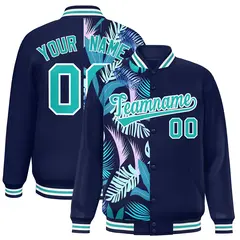 Navy Two Tone Split Flower Pattern Varsity Letterman Jacket