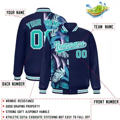 Navy Two Tone Split Flower Pattern Varsity Letterman Jacket 2