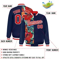 Navy Two Tone Split Flower Pattern Varsity Letterman Jacket 2