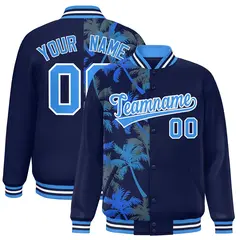 Navy Two Tone Split Flower Pattern Varsity Letterman Jacket