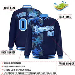 Navy Two Tone Split Flower Pattern Varsity Letterman Jacket 2