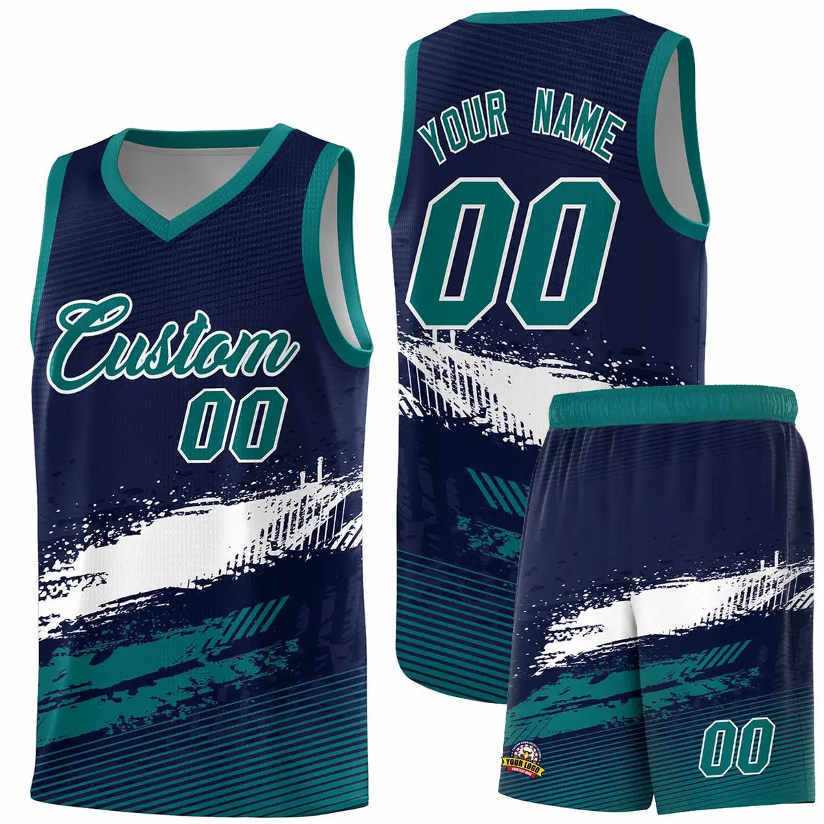Navy White and Aqua Graffiti Basketball Jersey