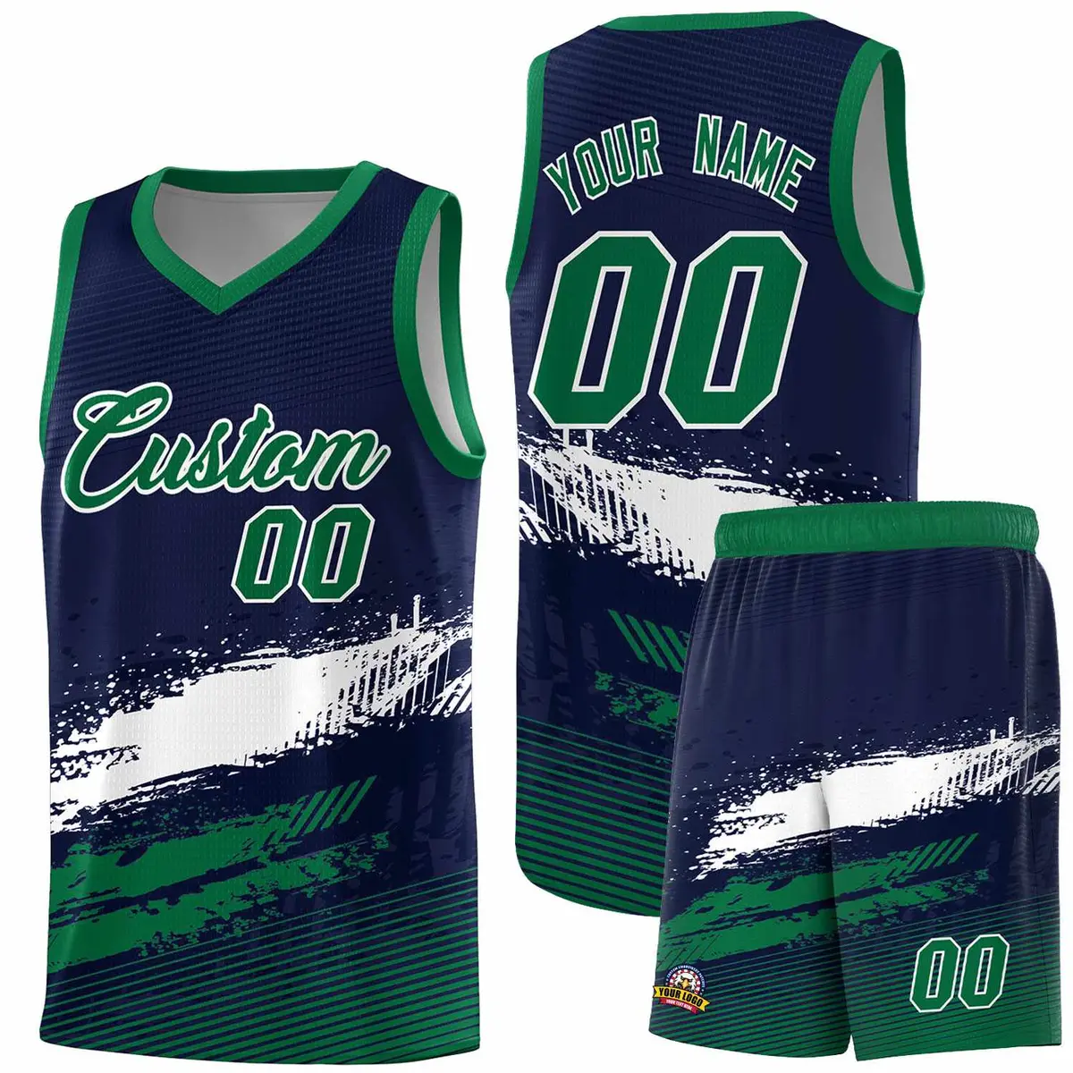 Navy White and Kelly Green Graffiti Basketball Jersey