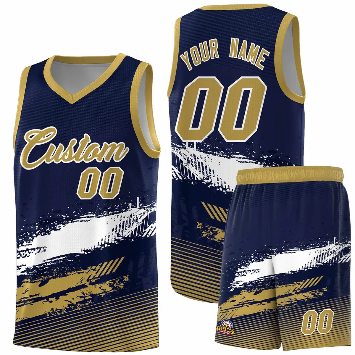 Navy White and Old Gold Graffiti Basketball Jersey