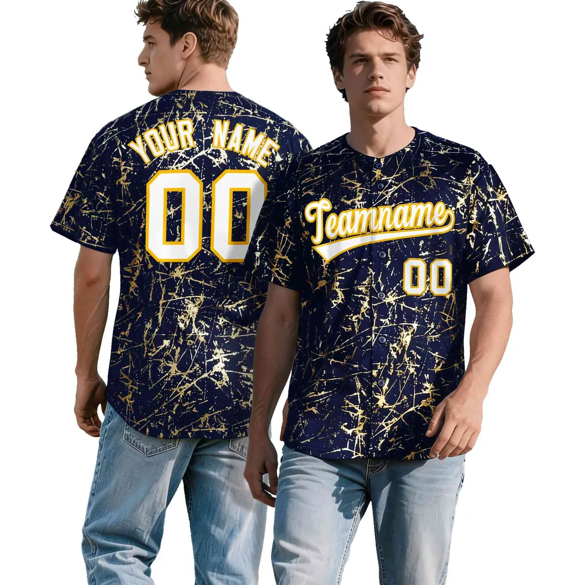 Navy White Black & Shiny Gold Cracked Foil Mesh Baseball Jersey