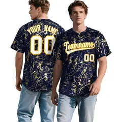Navy White Black & Shiny Gold Cracked Foil Mesh Baseball Jersey