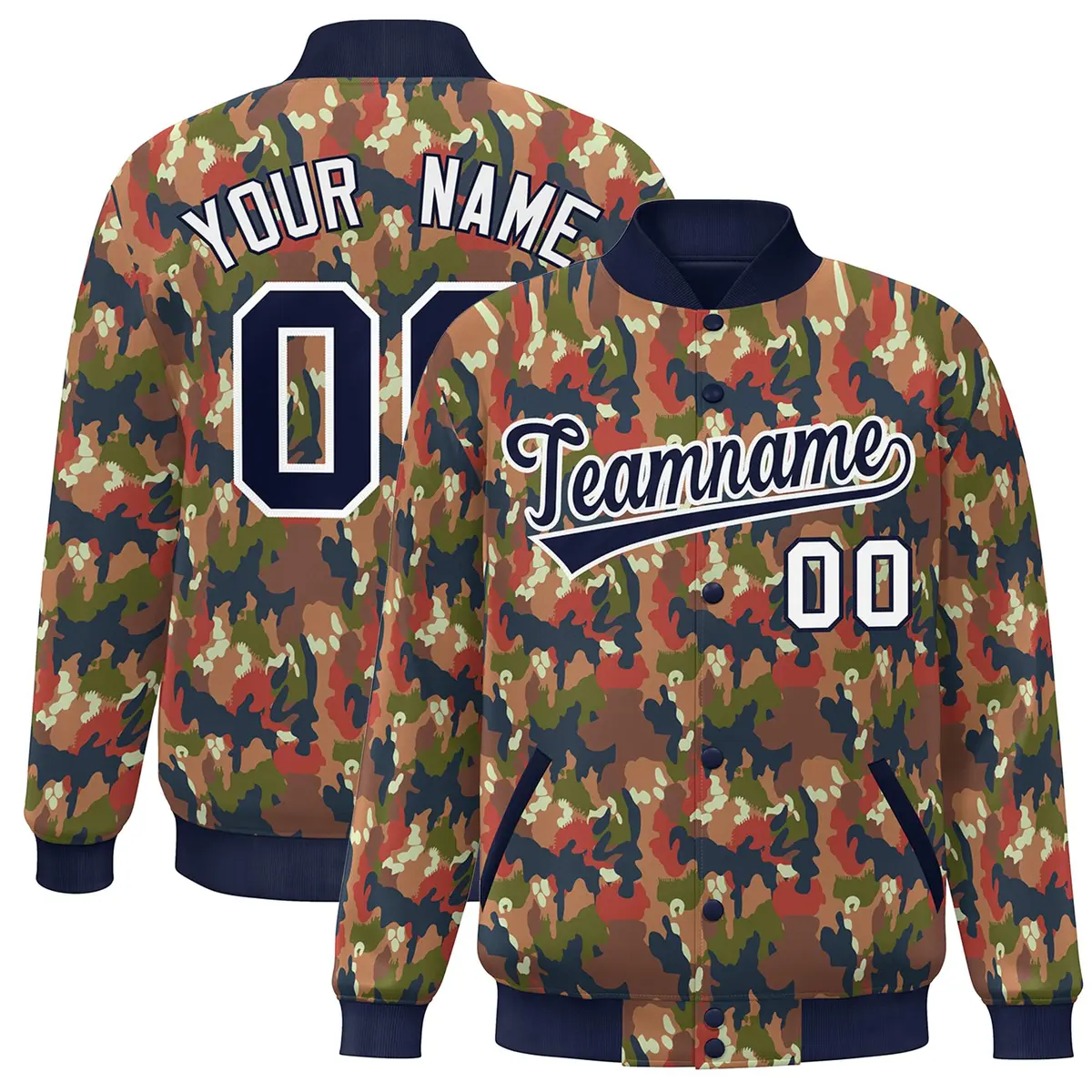 Navy White Camo Varsity Letterman Bomber Jacket