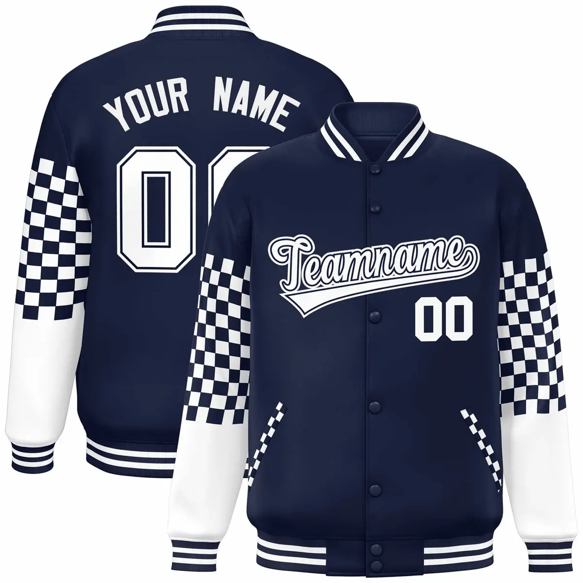 Navy White Checkered Color Block Bomber Varsity Jacket