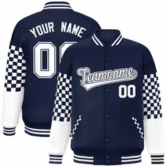 Navy White Checkered Color Block Bomber Varsity Jacket