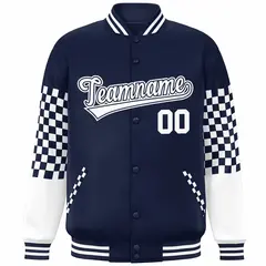 Navy White Checkered Color Block Bomber Varsity Jacket 3