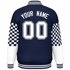 Navy White Checkered Color Block Bomber Varsity Jacket 4
