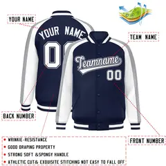 Navy White Color Block Raglan Varsity Letterman Jacket 2
