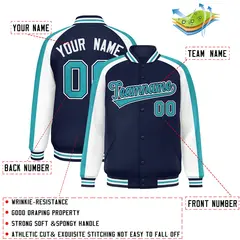 Navy White Color Block Raglan Varsity Letterman Jacket 2