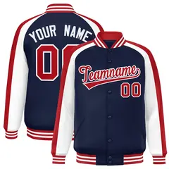 Navy White Color Block Raglan Varsity Letterman Jacket