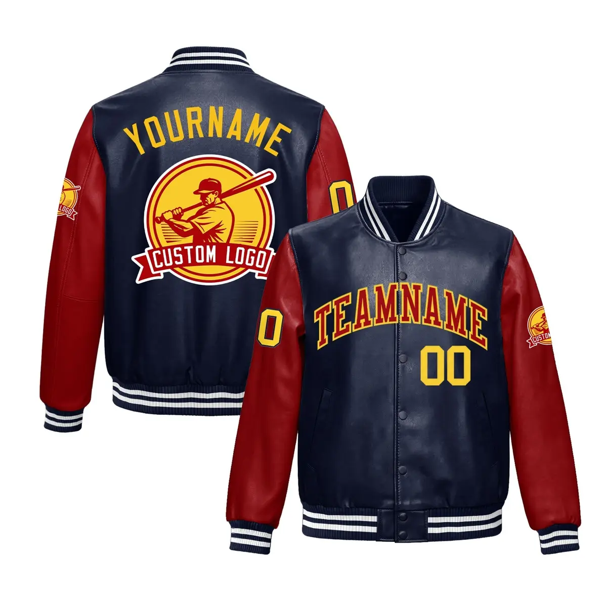 Navy White Faux Leather Letterman Jacket Raglan Full-Snap