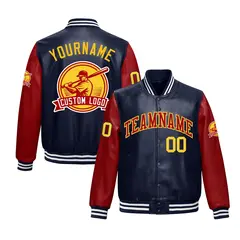 Navy White Faux Leather Letterman Jacket Raglan Full-Snap 1