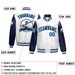 Navy White Faux Leather Letterman Jacket Raglan Full-Snap 2