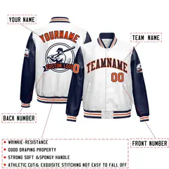Navy White Faux Leather Letterman Jacket Raglan Full-Snap 2