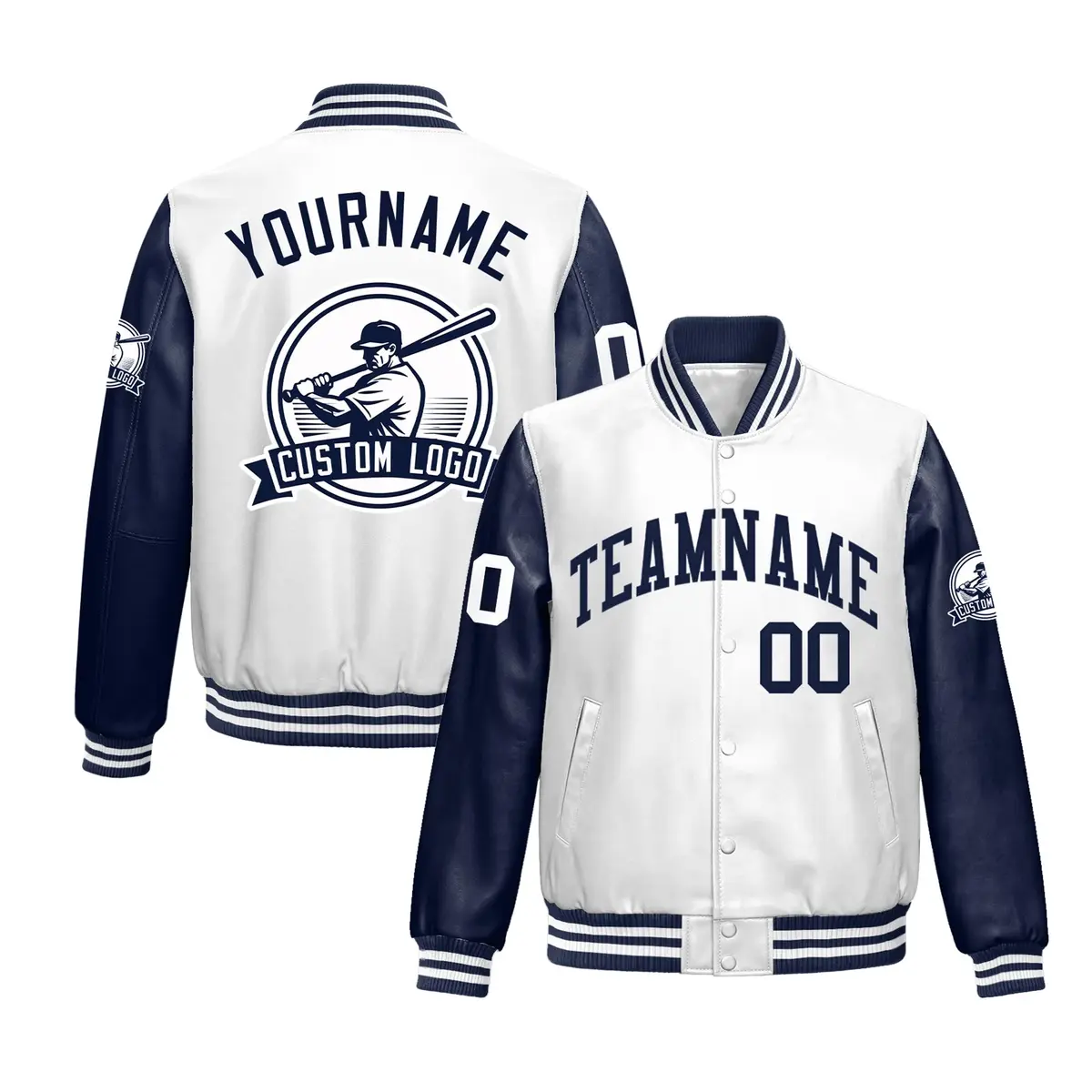 Navy White Faux Leather Letterman Jacket Raglan Full-Snap