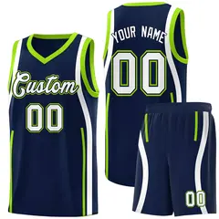 Navy White-Fluorescent Green Ribbon Pattern Basketball Kits