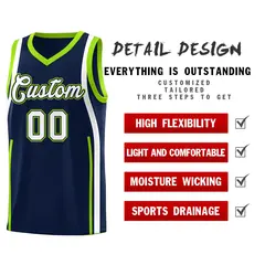 Navy White-Fluorescent Green Ribbon Pattern Basketball Kits 2