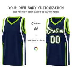 Navy White-Fluorescent Green Ribbon Pattern Basketball Kits 3