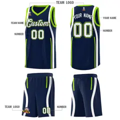 Navy White-Fluorescent Green Ribbon Pattern Basketball Kits 5