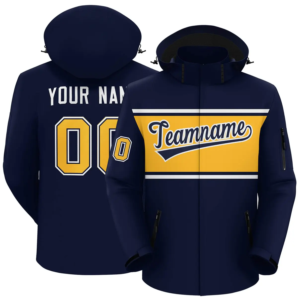 Navy White-Gold Color Block Hooded Outdoor Waterproof Jacket
