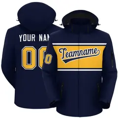 Navy White-Gold Color Block Hooded Outdoor Waterproof Jacket