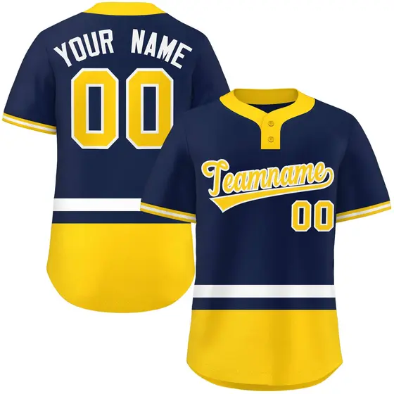 Navy White-Gold Color Block Two-Button Softball Jersey
