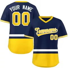 Navy White-Gold Color Block V-Neck Pullover Baseball Jersey 1