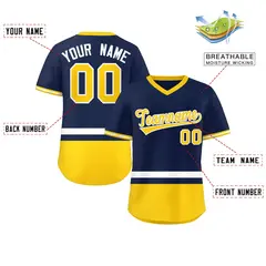Navy White-Gold Color Block V-Neck Pullover Baseball Jersey 2