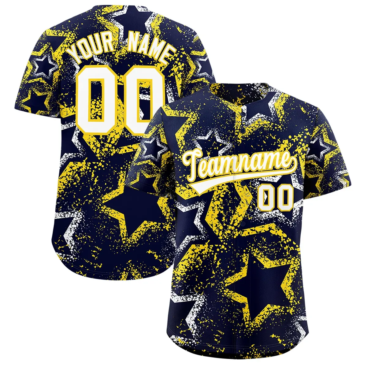 Navy White Gold Graffiti Star Ink Texture Baseball Jersey
