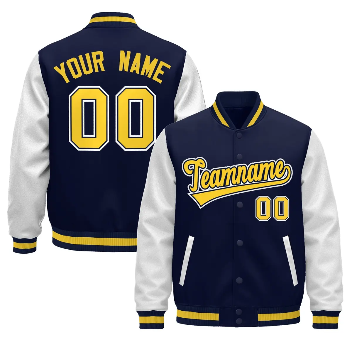 Navy White Gold Raglan Varsity Full-Snap Letterman Jacket