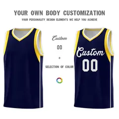 Navy White-Gold Sleeve Color Block Basketball Jersey 3
