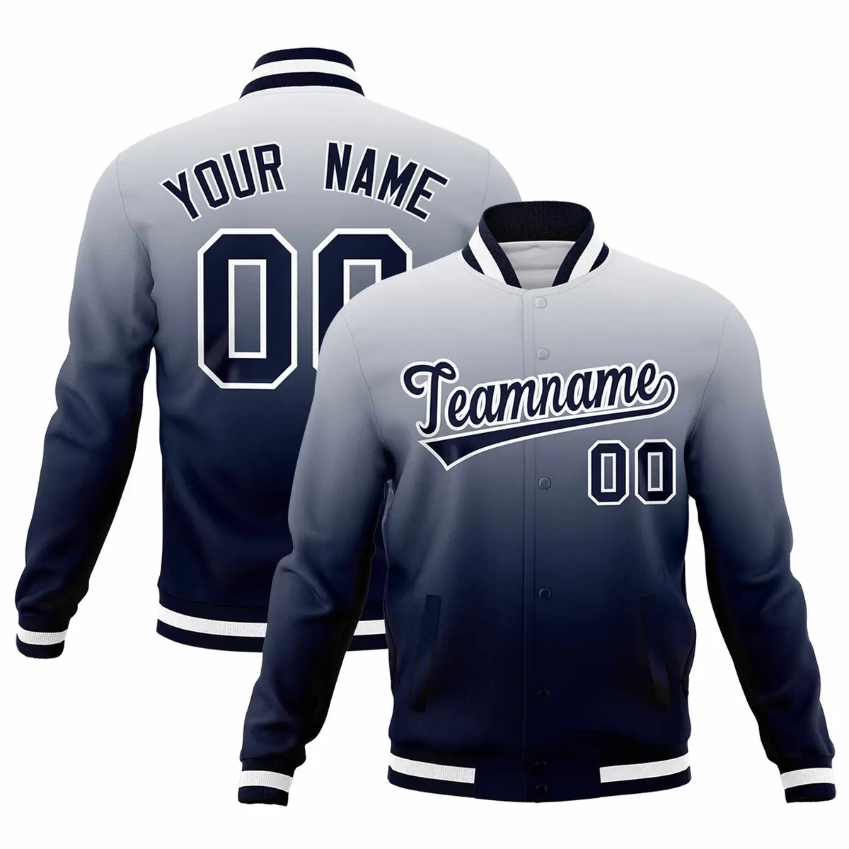 Navy White Gradient Full-Snap Varsity Letterman Jacket
