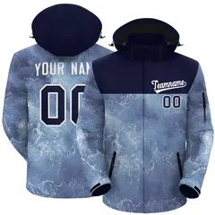 Navy White Graffiti Pattern Hooded Outdoor Waterproof Jacket 1