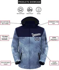 Navy White Graffiti Pattern Hooded Outdoor Waterproof Jacket 2