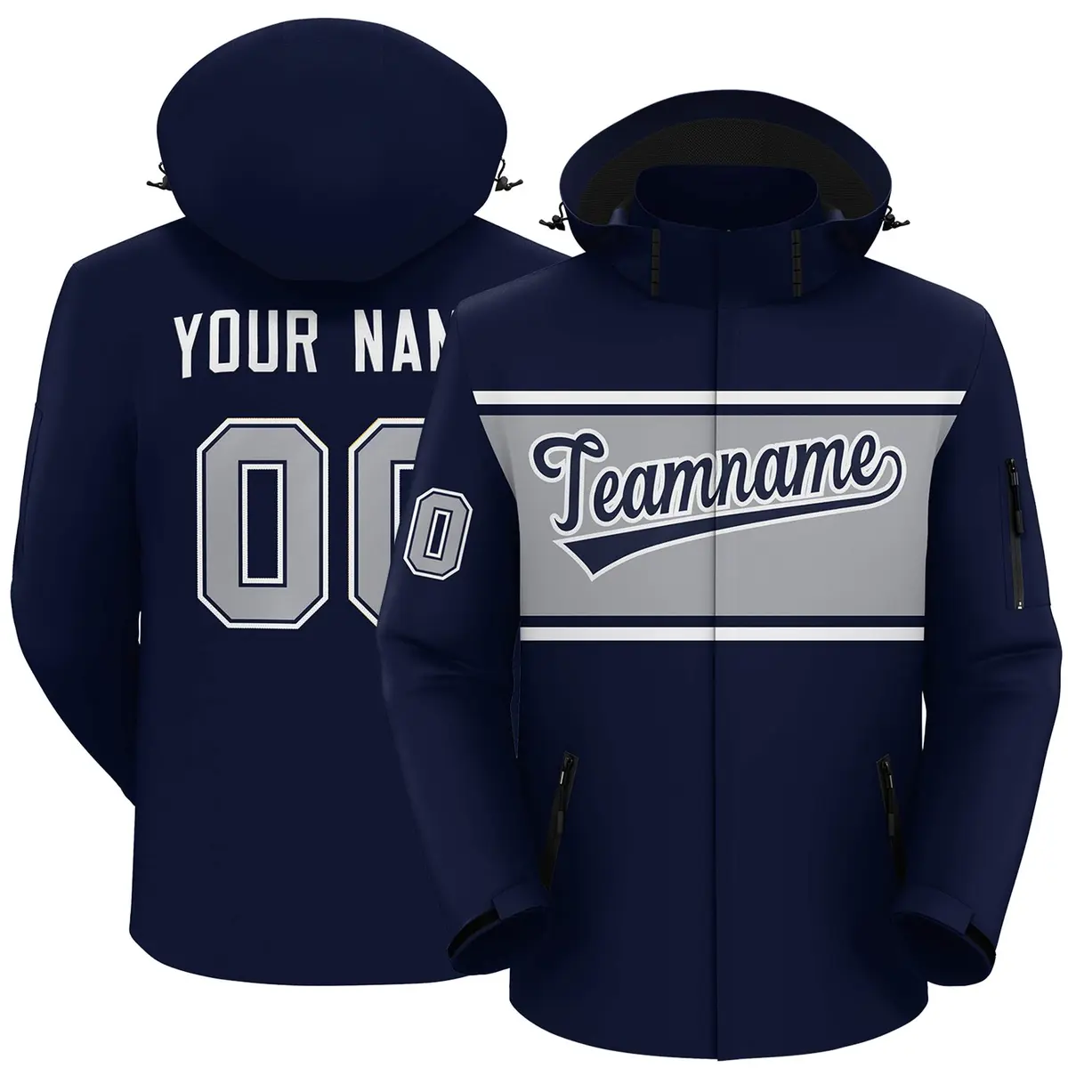 Navy White-Gray Color Block Hooded Waterproof Jacket