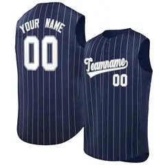 Navy White-Gray Striped Sleeveless Fashion Baseball Jersey