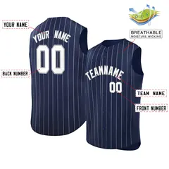 Navy White-Gray Striped Sleeveless Fashion Baseball Jersey 2