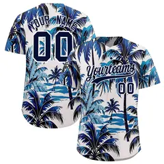 Navy White Hawaiian Graffiti Palm Tree Baseball Jersey