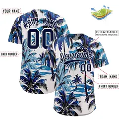 Navy White Hawaiian Graffiti Palm Tree Baseball Jersey 2